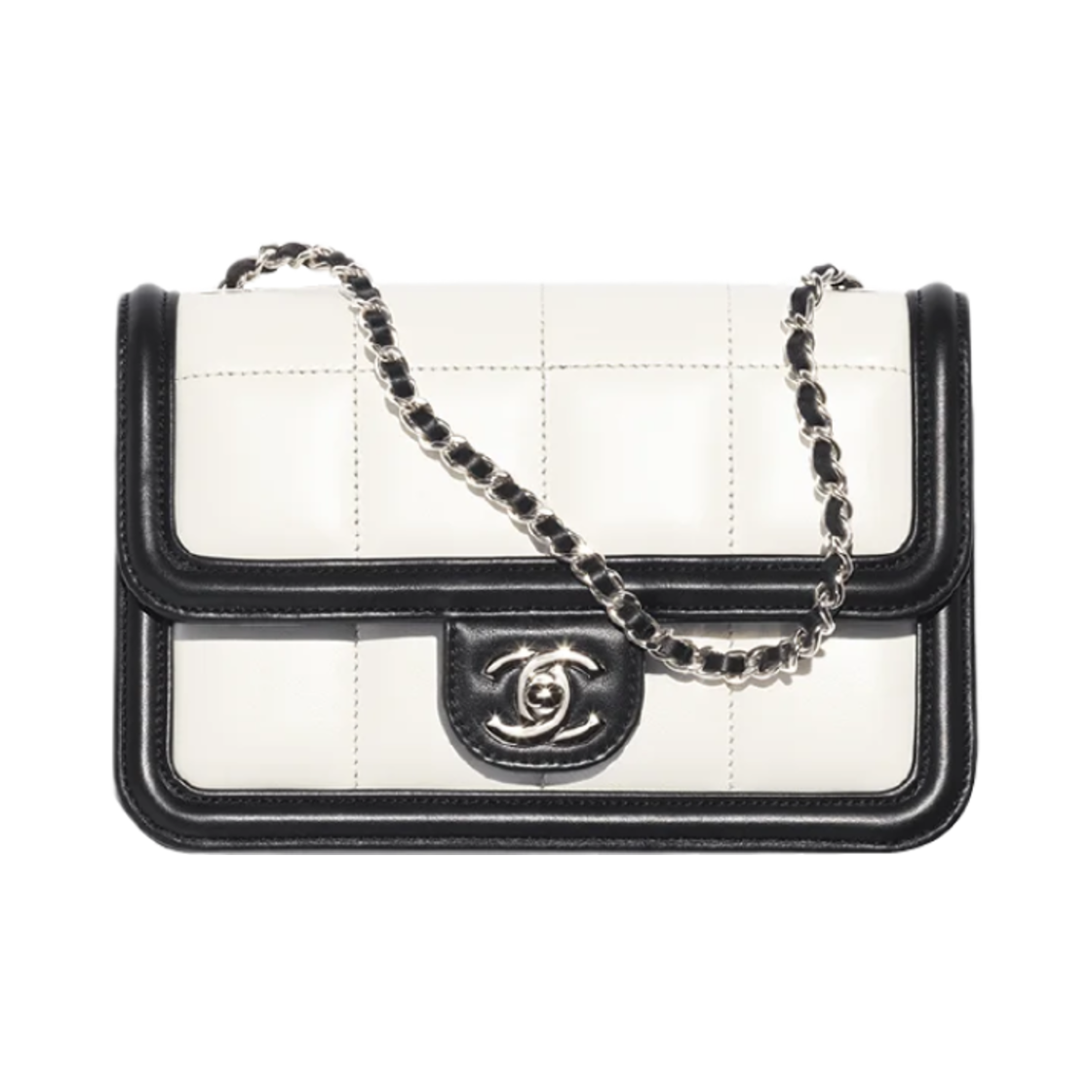 샤넬 미니 플랩백 램스킨 카프스킨 & 실버 메탈 블랙 화이트(Chanel Mini Flap Bag Lambskin Calfskin & Silver Black White) - 1