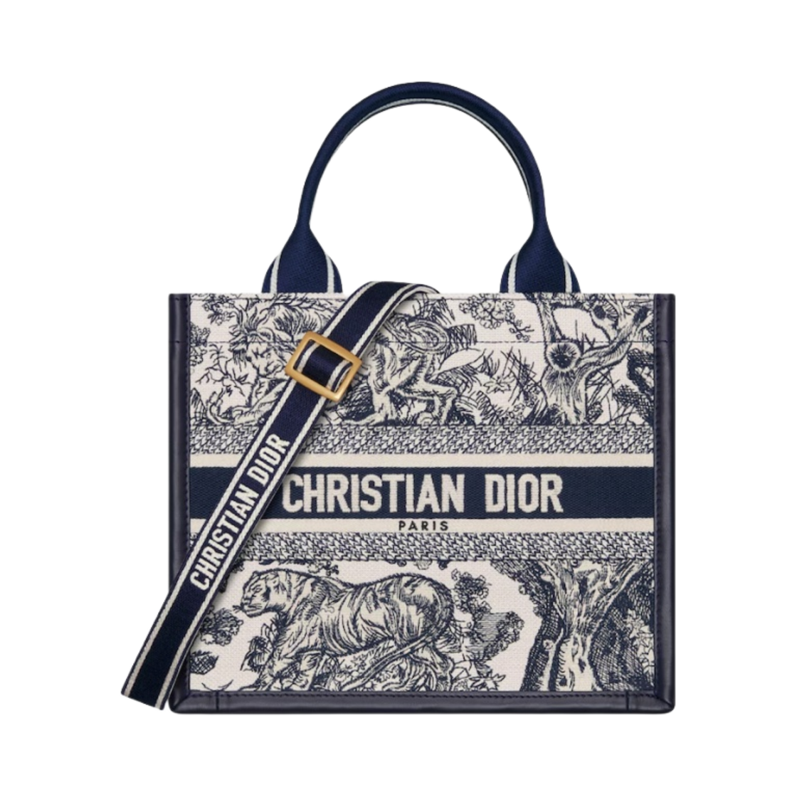 디올 스몰 북 토트백 카프스킨 트왈 드 주이 소바쥬 자수 화이트 네이비 블루(Dior Small Book Tote Bag Toile de Jouy Sauvage Embroidery with Calfskin White Navy Blue)