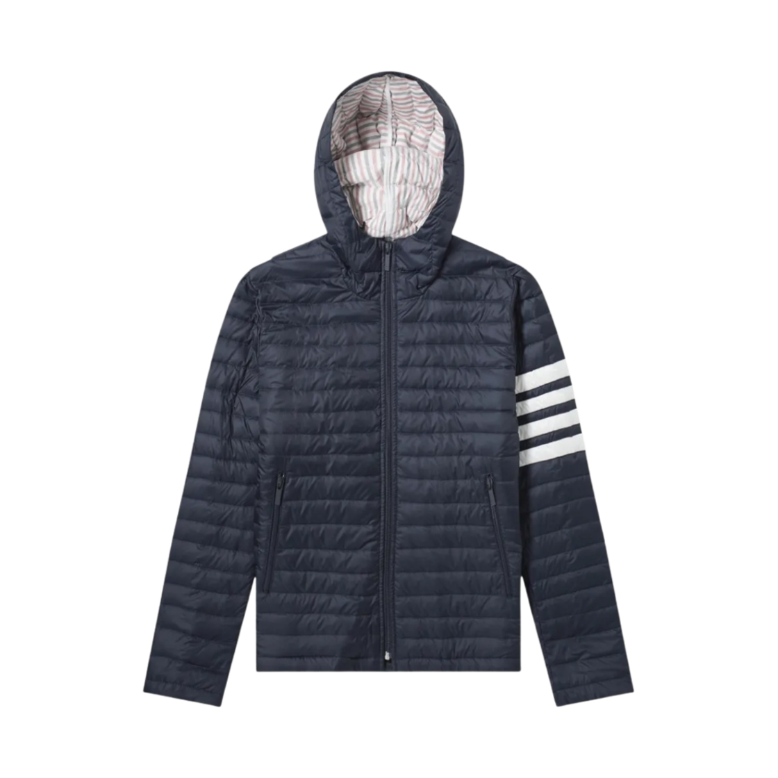MJD022X-05411-415 Thom Browne Matte Nylon 4-Bar Stripe Downfill Quilted Hooded Jacket Navy