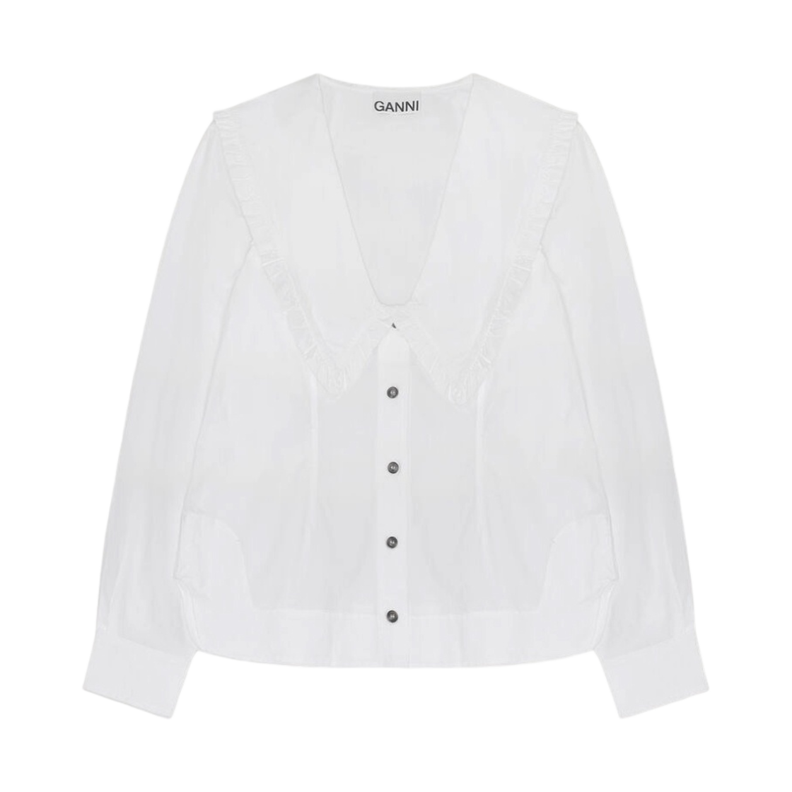 (W) 가니 코튼 포플린 브이넥 셔츠 브라이트 화이트((W) Ganni Cotton Poplin V-Neck Shirt Bright White) - 1
