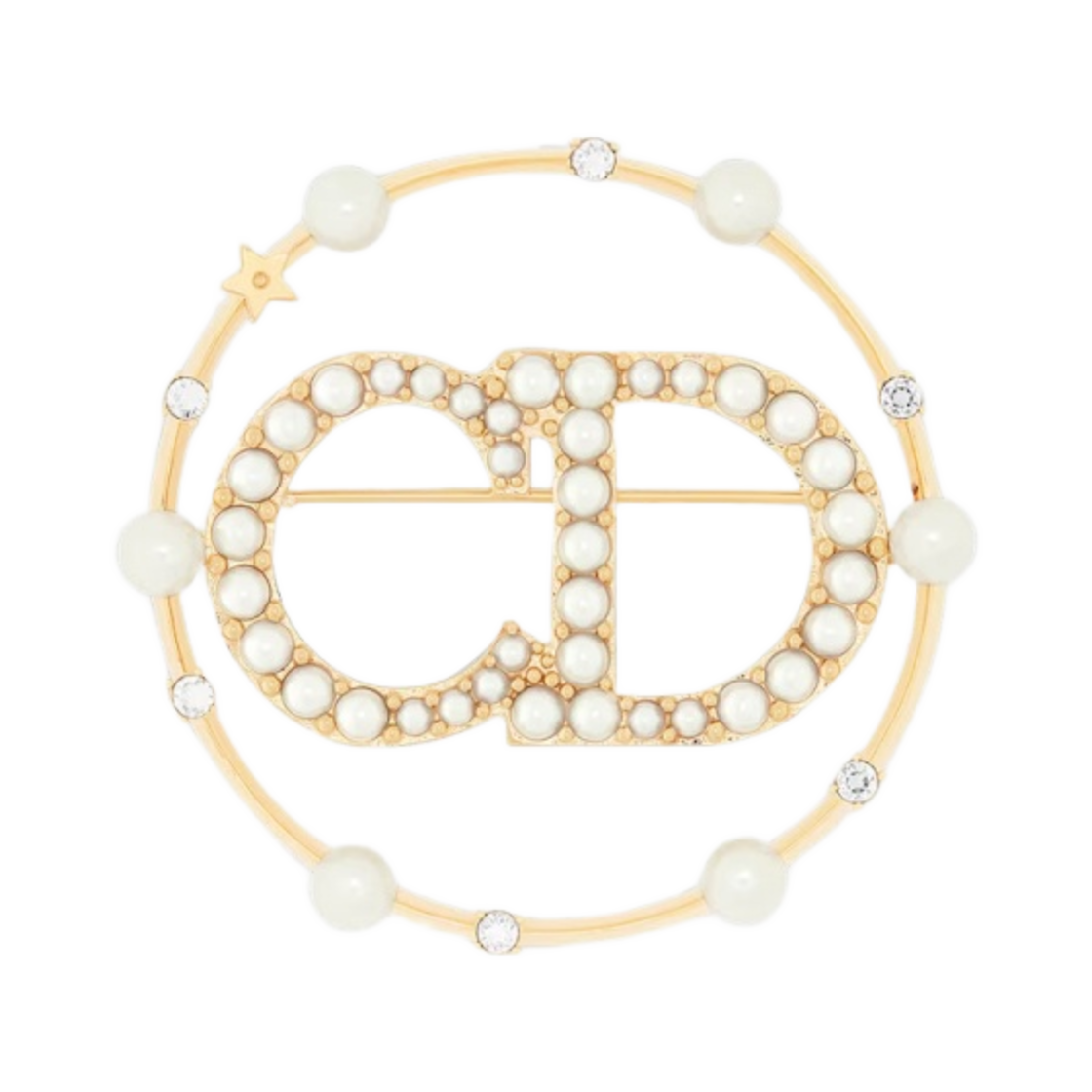 (W) 디올 클레어 D 룬 브로치 골드 피니쉬 메탈 화이트 레진 펄 화이트 크리스탈((W) Dior Clair D Lune Brooch Gold Finish Metal White Resin Pearls White Crystals) - 1