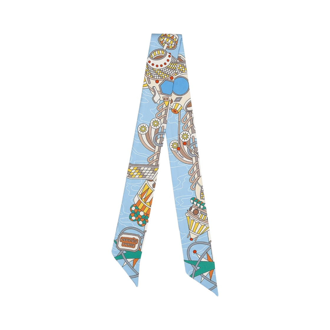 (W) Hermes Scarf Odyssey Twilly Beige Bleu Ciel Jaune Vif