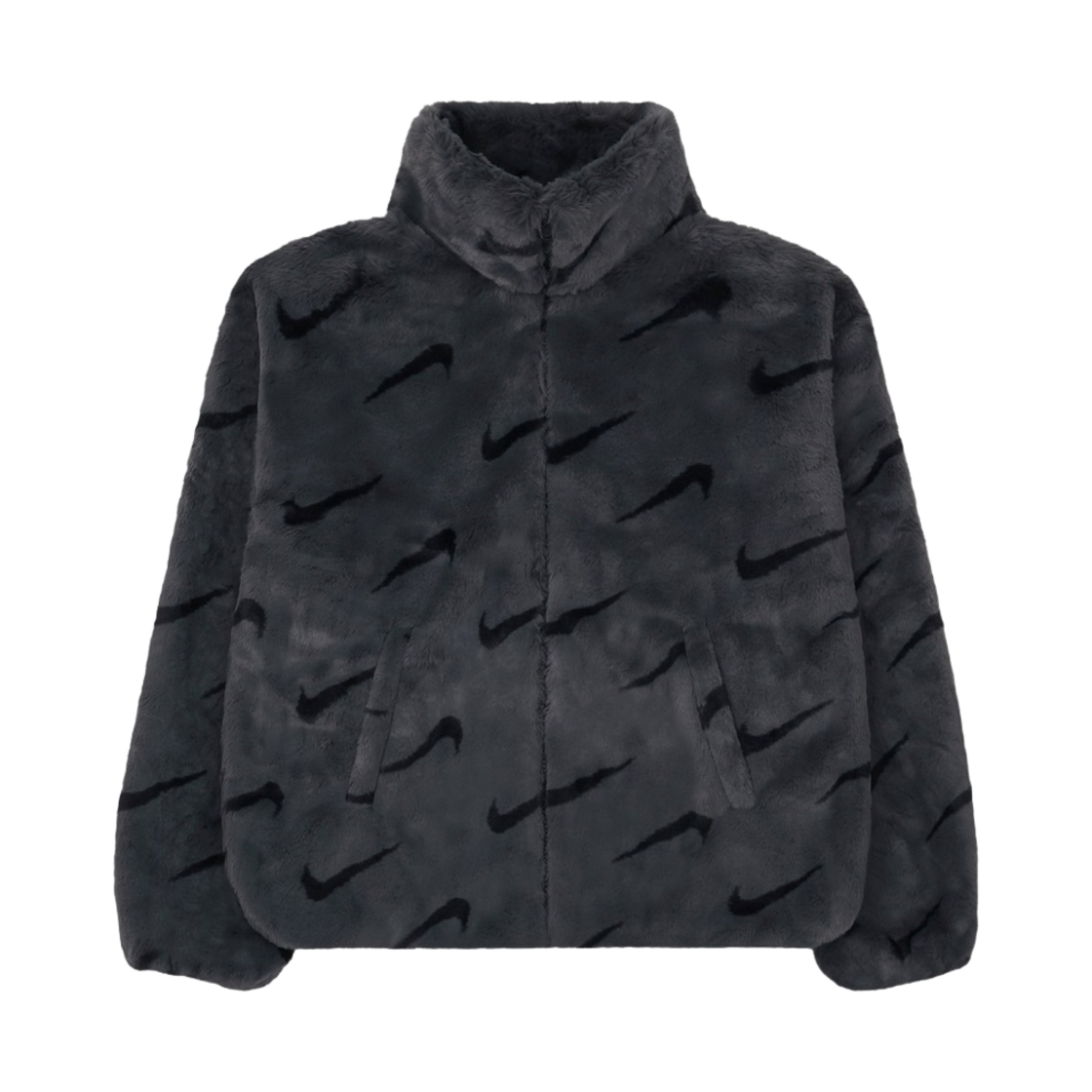 (W) 나이키 NSW 플러시 프린티드 포우 퍼 자켓 다크 스모크 그레이 - 아시아((W)Nike NSW Plush Printed Faux Fur Jacket Dark Smoke Grey - Asia)