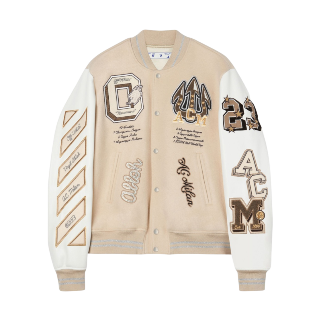 오프화이트 C/O AC 밀란 바시티 자켓 블랙 오프화이트 라이트 베이지(Off-White C/O AC Milan Varsity Jacket Black Off-White Light Beige)