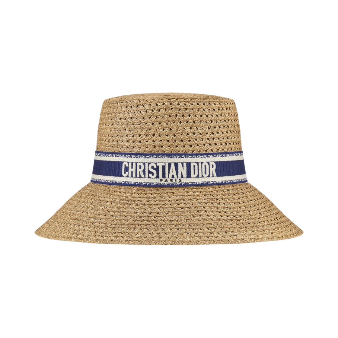 (W) 디올 D 바비 라지 스몰 버킷햇 내츄럴 스트로우 블루 화이트 자수 밴드((W) Dior D Bobby Large Brim Hat Natural Straw Blue White Embroidered Band) - 1