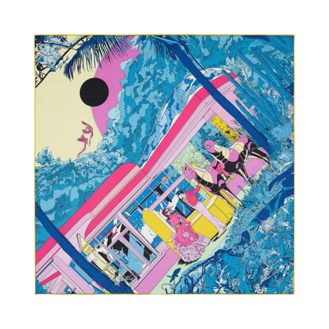(W) 에르메스 랑데부 갤랑 스카프 70 블루 죤 로즈 비프((W) Hermes Rendez-Vous Galant Scarf 70 Bleu Jaune Rose Vif) - 1