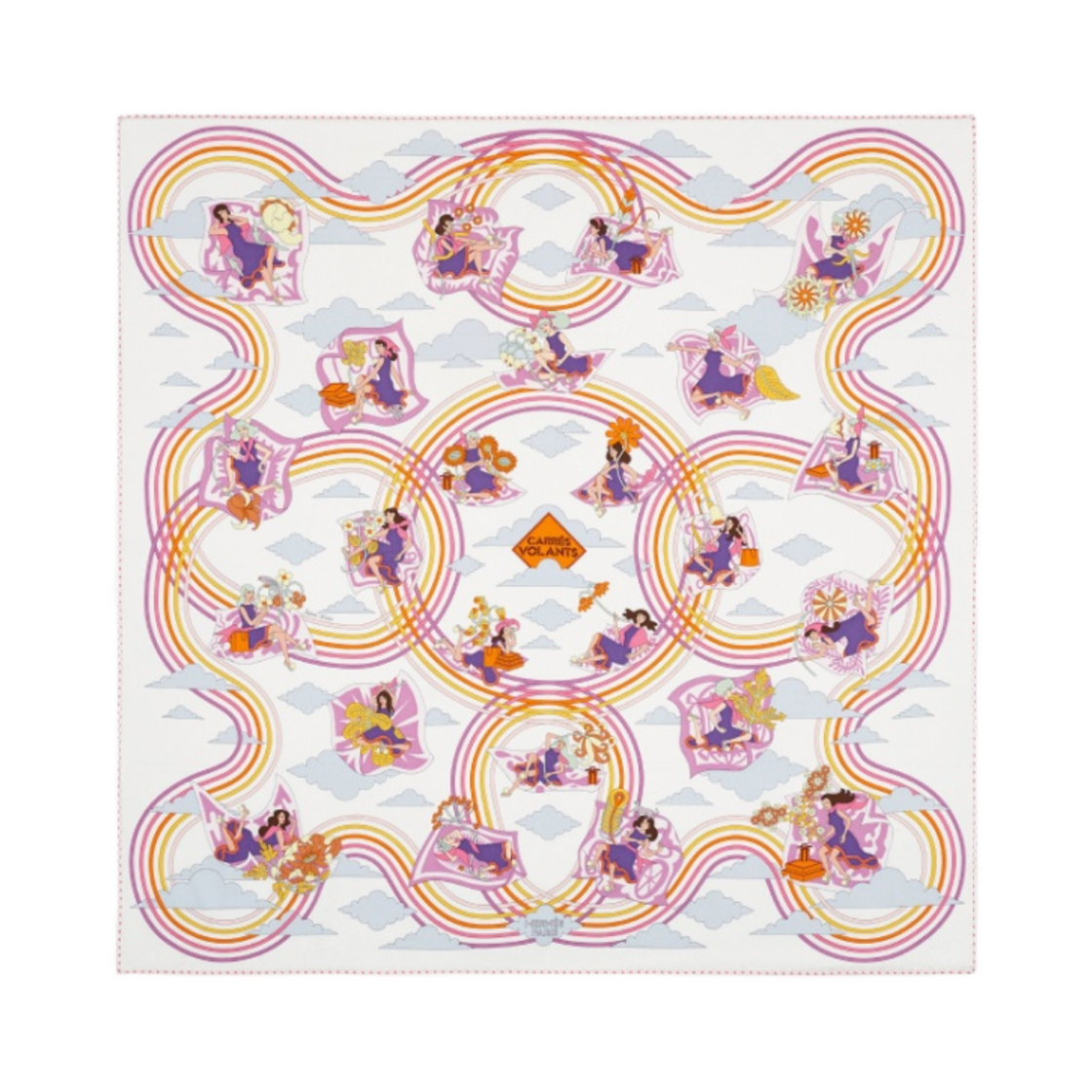 (W) 에르메스 까레 볼란트 스카프 70 블랑 비올레 오랑쥬((W) Hermes Carres Volants Scarf 70 Blanc Violet Orange) - 1