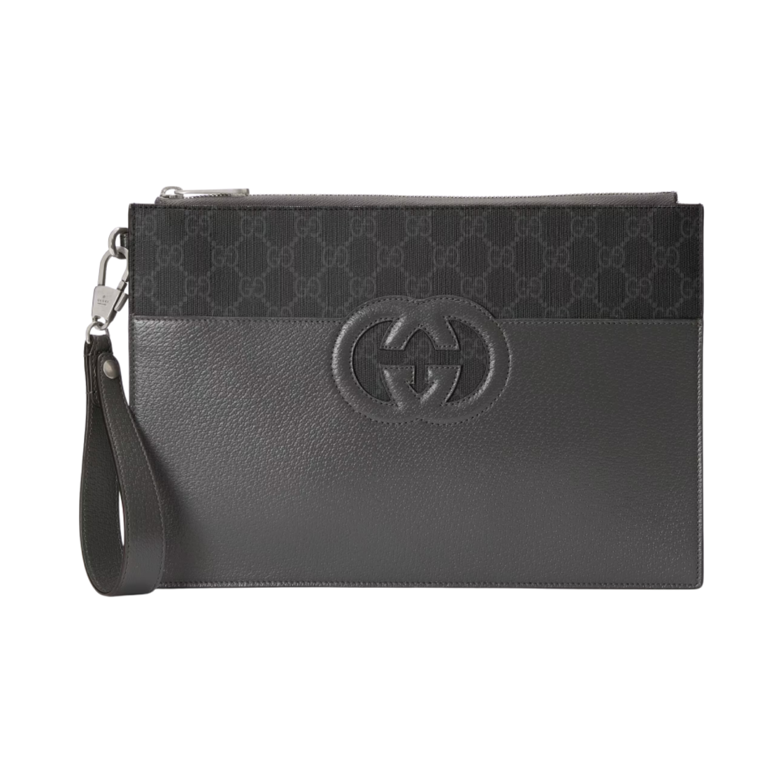 구찌 인터로킹 G 슈프림 컷아웃 파우치 블랙 그레이(Gucci Interlocking G Supreme Cut-Out Pouch Black Grey) - 1