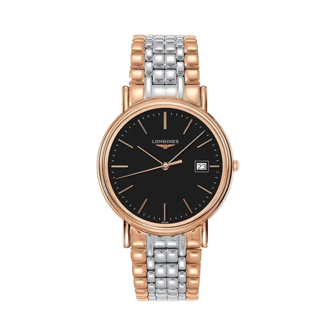 론진 프레즌스 쿼츠 38mm 스테인리스 스틸 로즈 골드 블랙(Longines Presence Quartz 38mm Stainless Steel Rose Gold Black)