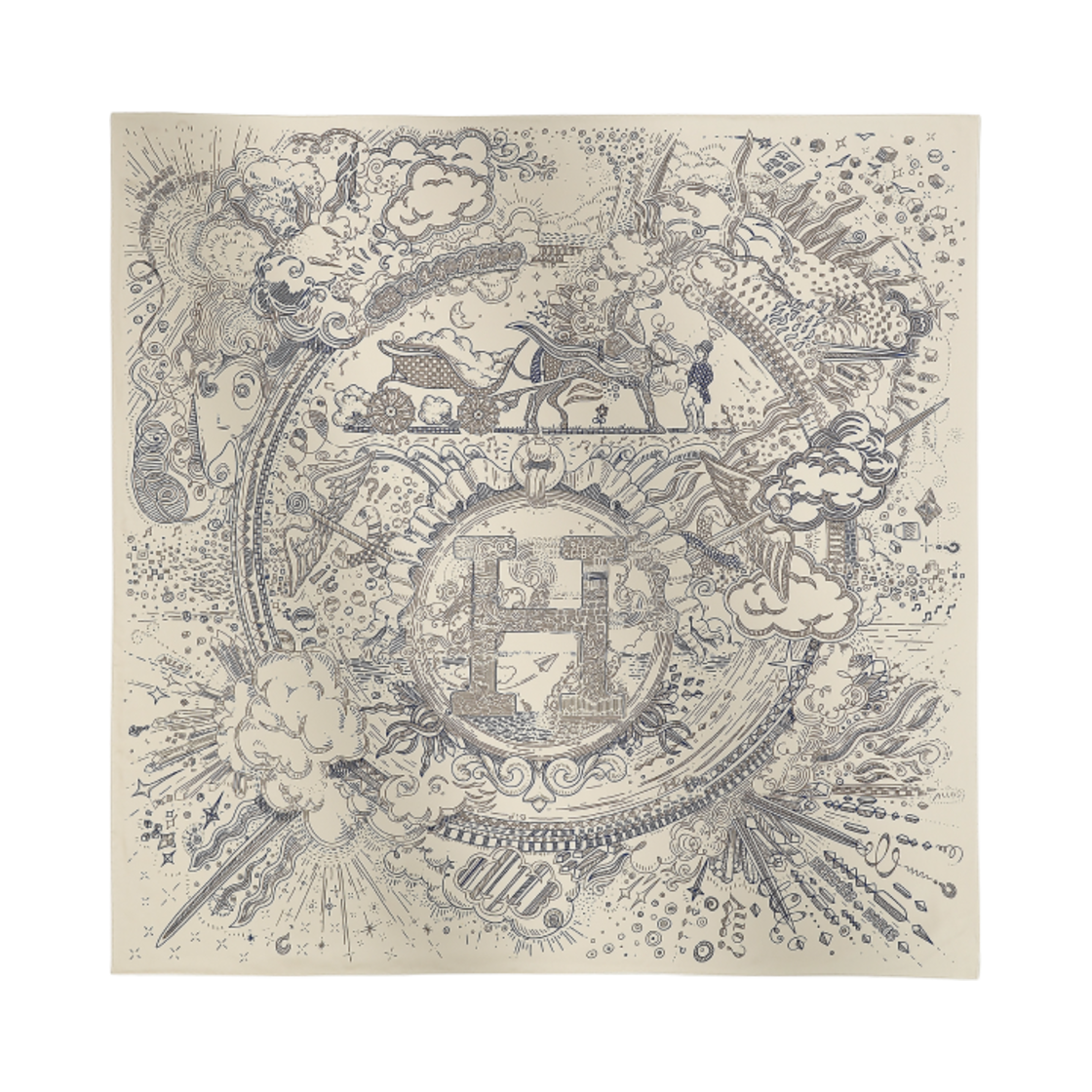 H004187S16 (W) Hermes Please Hold The Line Scarf 90 Creme Bleu Gris