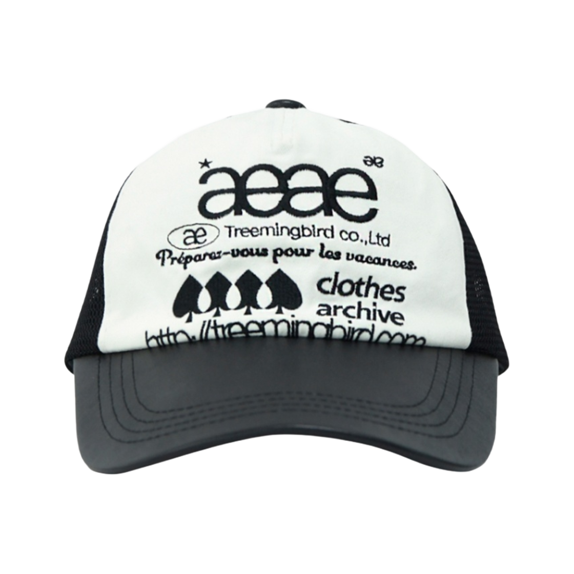 에이에이 x 트리밍버드 웹 로고 메쉬 캡 레더 코튼 블랙 화이트