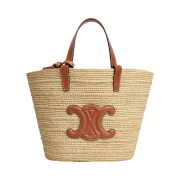 Celine Teen Supple Classic Panier In Raffia And Calfskin Tan