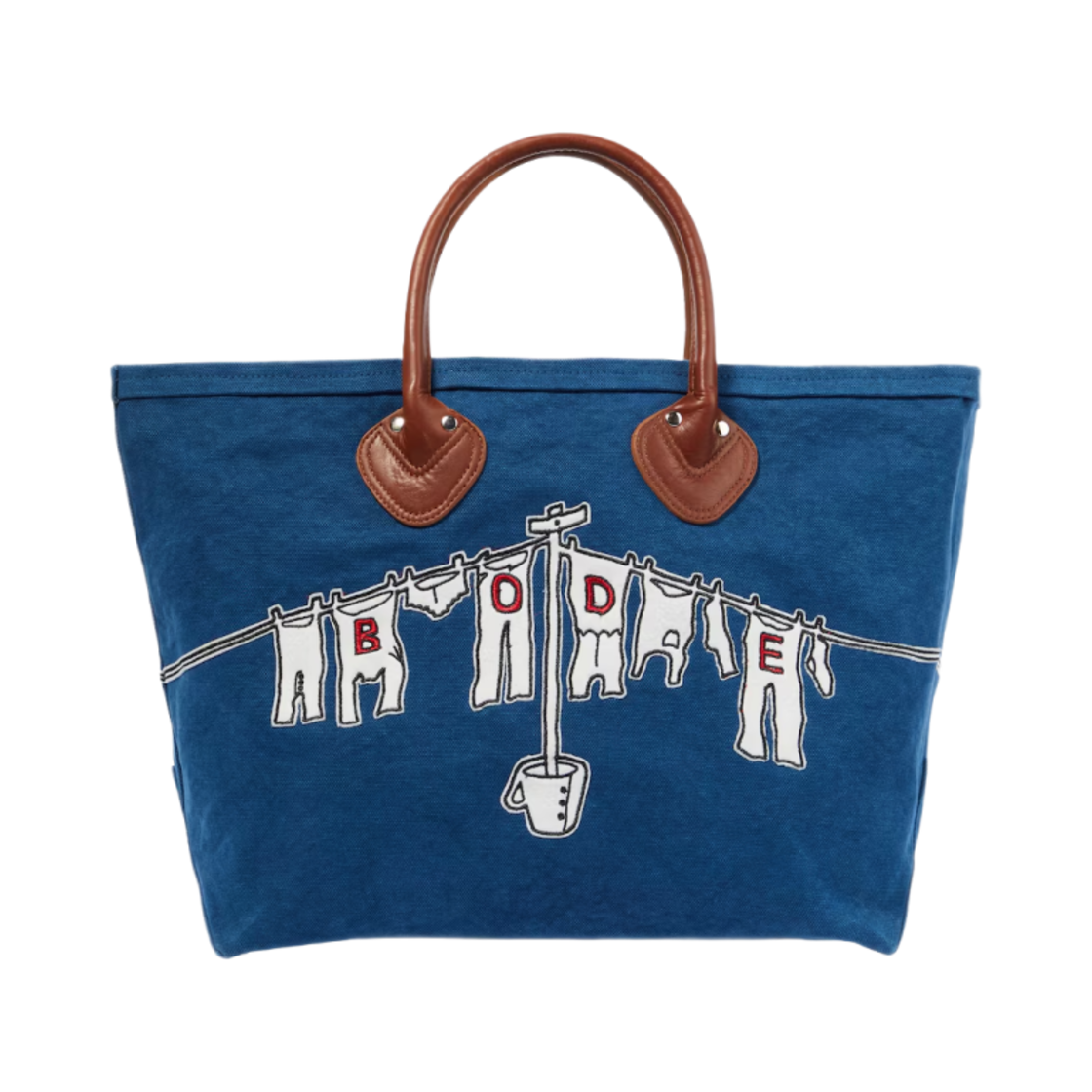 보디 클로즈라인 레더 트림 캔버스 토트백 블루(Bode Clothesline Leather Trimmed Canvas Tote Bag Blue)