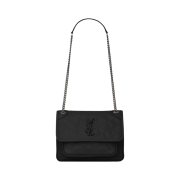 Saint Laurent Black Monogram Niki Baby Bag with Silver Chain Strap in Crinkled Vintage Leather Black