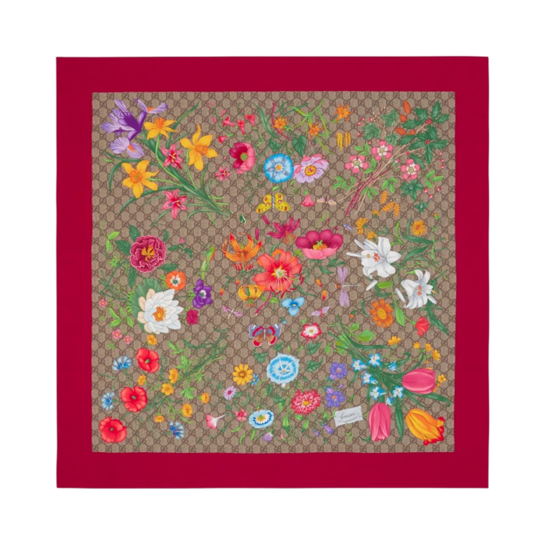 602585-3G001-9774 (W) Gucci GG Flora Print Silk Scarf Red GG Flora Print