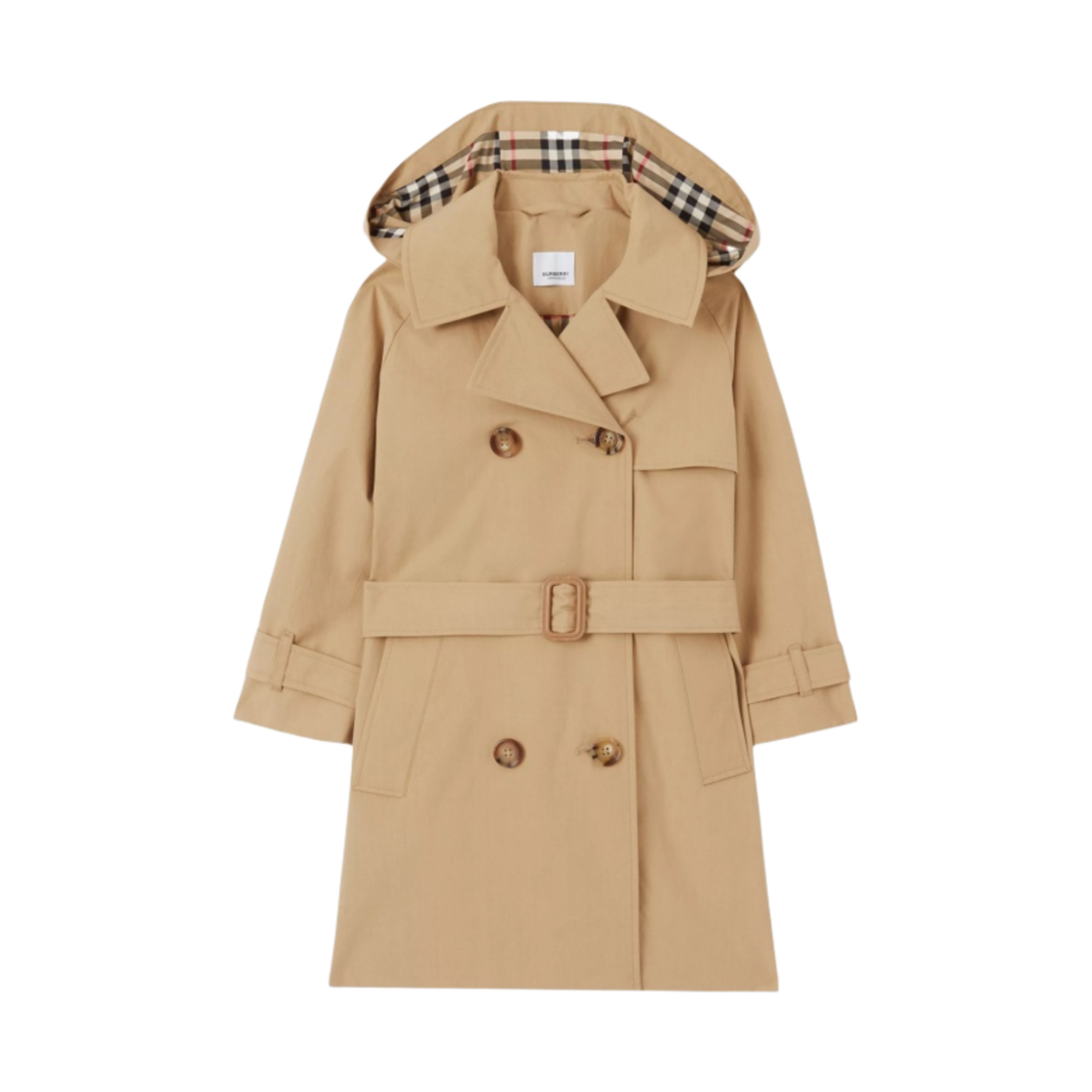 (키즈) 버버리 디테처블 후드 플리츠 코튼 트렌치 코트 아카이브 베이지((Kids) Burberry Detachable Hood Pleated Cotton Trench Coat Archive Beige) - 1