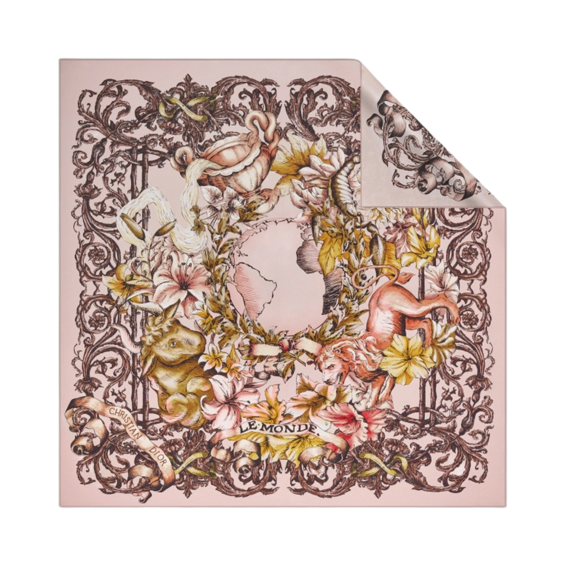 (W) 디올 르 몬드 타로 90 스퀘어 실크 트윌 스카프 앤틱 핑크 에크루((W) Dior Le Monde Tarot 90 Square Scarf Silk Twill Antique Pink Ecru) - 1