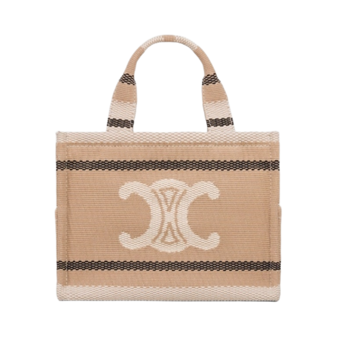 199162FV2-02BL Celine Small Cabas Thais in Striped Textile with Triomphe Beige Black
