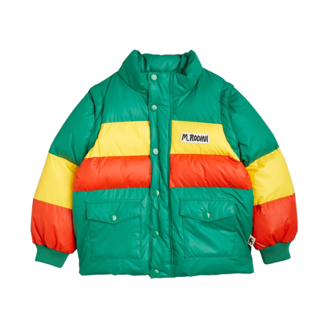 (키즈) 미니 로디니 집 슬리브 푸퍼 자켓 그린((Kids) Mini Rodini Zip Sleeve Puffer Jacket Green)