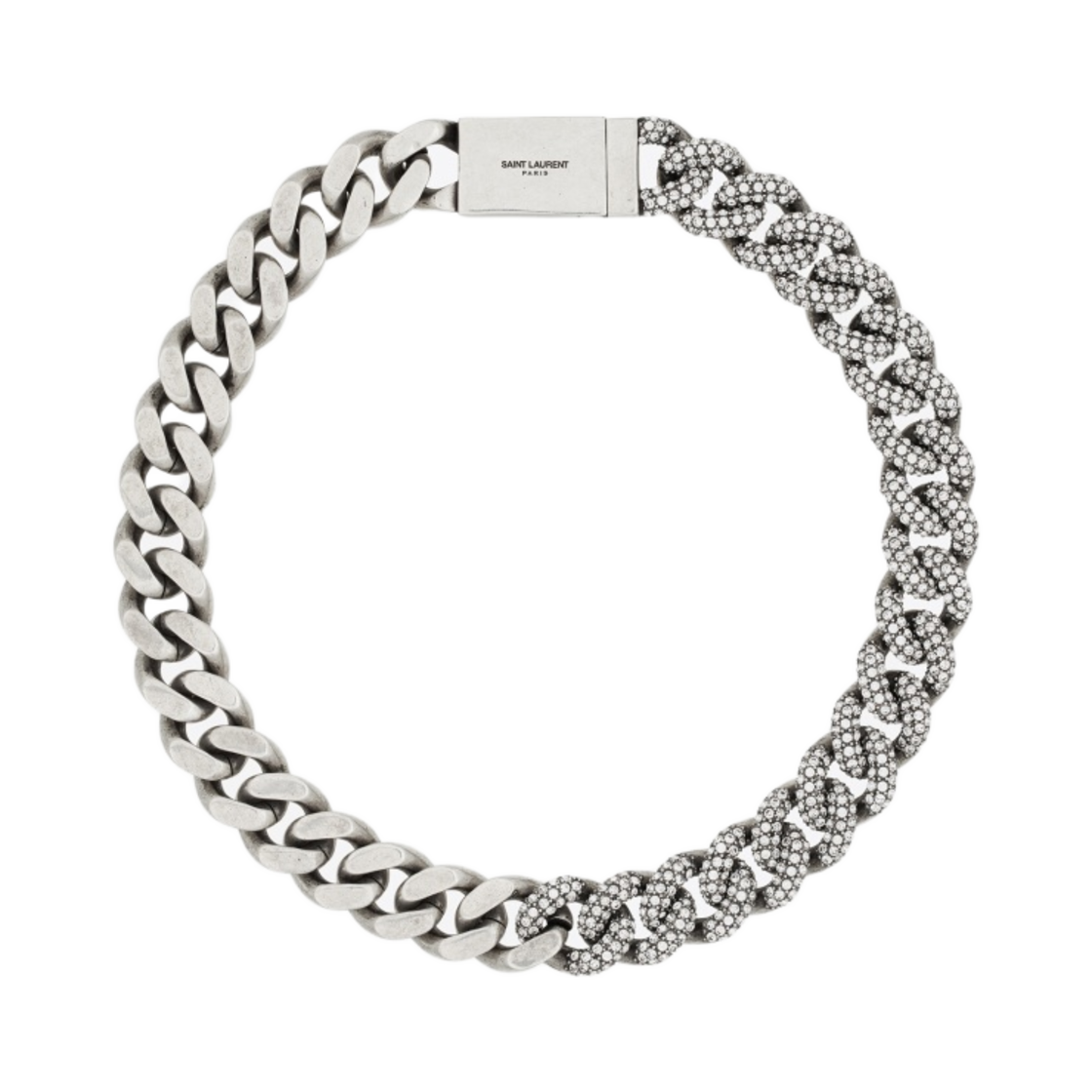 (W) 생로랑 라인스톤 식 커브 체인 네클리스 메탈 옥시다이즈드 실버((W) Saint Laurent Rhinestone Thick Curb Chain Necklace in Metal Oxidized Silver) - 1