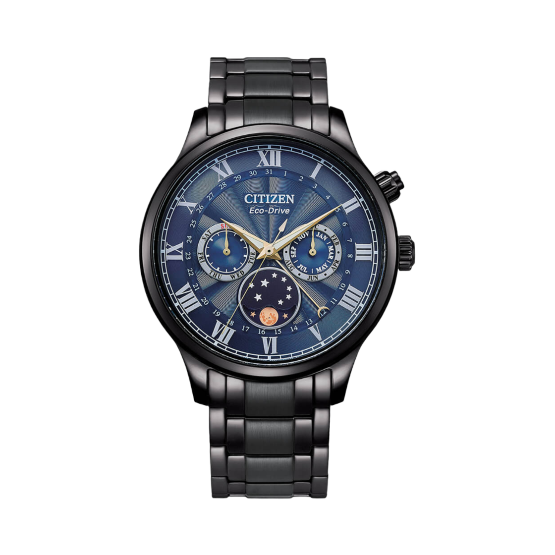 시티즌 문 페이즈 에코드라이브 42.2mm 스테인리스 스틸 블루 블랙 이온(Citizen Moon Phase Eco-Drive 42.2mm Stainless Steel Blue Black Ion)