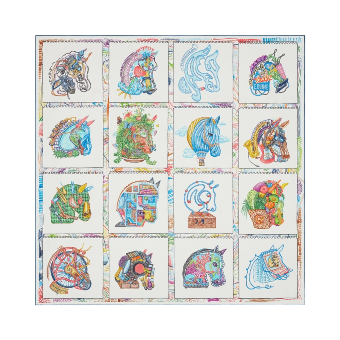 (W) 에르메스 체바로스코프 스카프 90 블랑 블루 멀티꼴로르((W) Hermes Chevaloscope Scarf 90 Blanc Bleu Multicolore) - 1