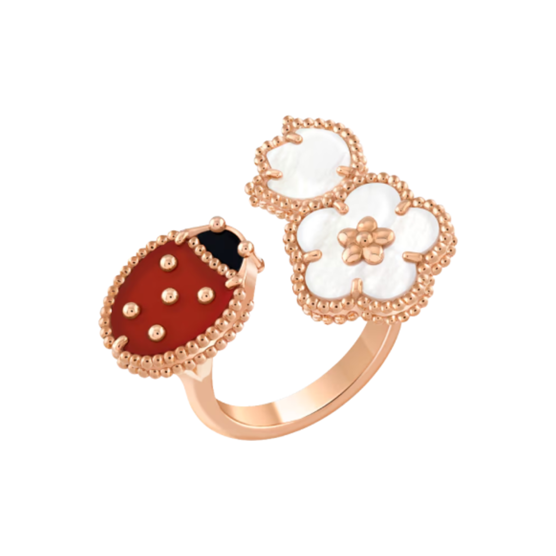 반 클리프 & 아펠 럭키 스프링 비트윈 더 핑거 링 18K 핑크 골드 마더 오브 펄 오닉스 커넬리언(Van Cleef & Arpels Lucky Spring Between The Finger Ring 18K Pink Gold Mother of Pearl Onyx Carnelian)