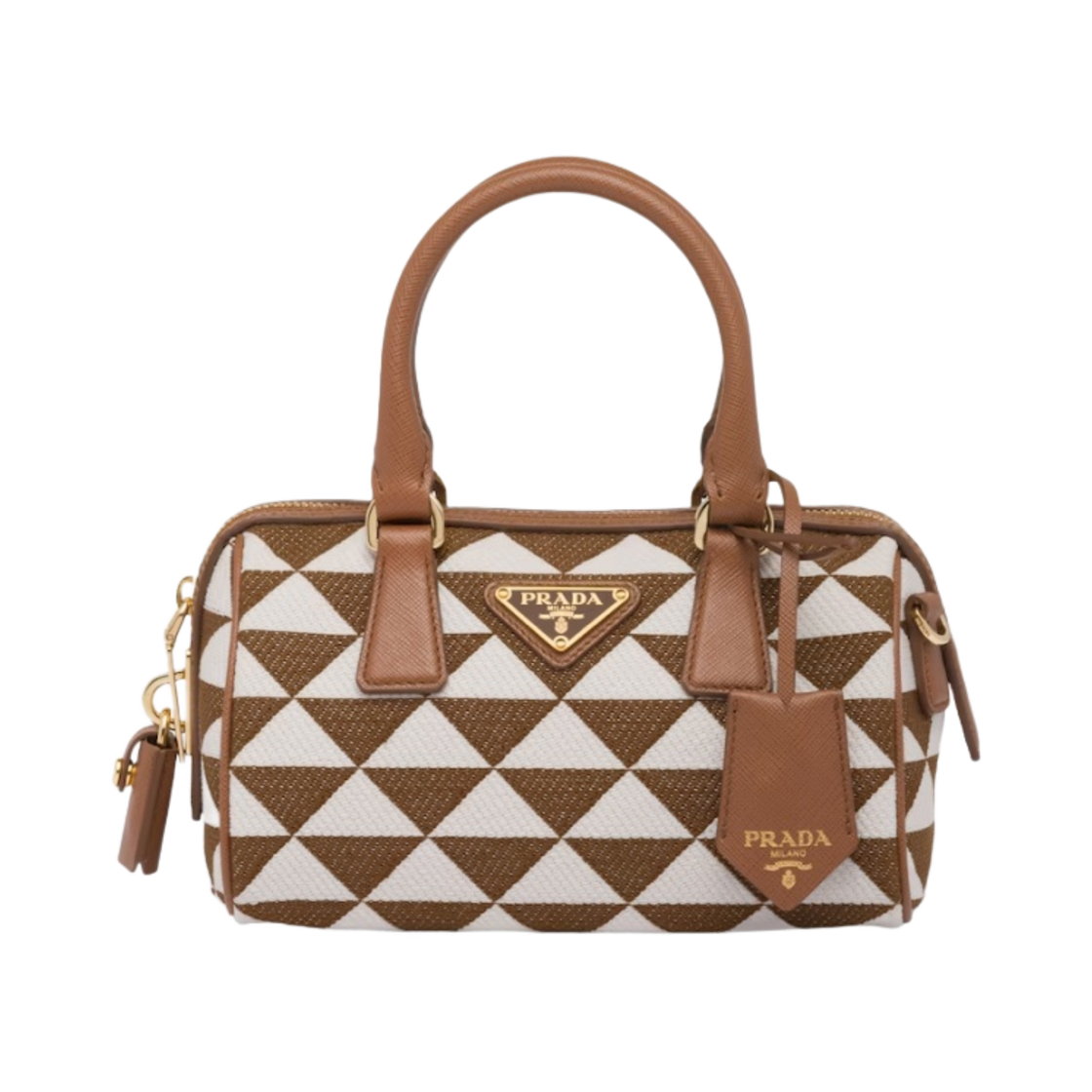 프라다 심볼 자수 패브릭 탑 핸들 백 토바코 초크 화이트(Prada Symbole Embroidered Fabric Top-Handle Bag Tobacco Chalk White) - 1