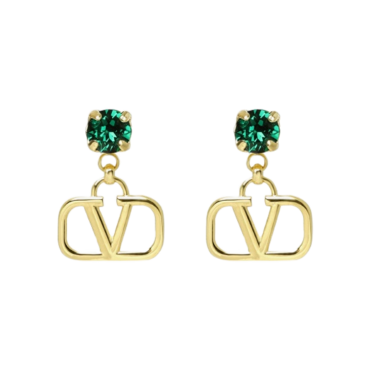 (W) Valentino Vlogo Signature Earrings in Metal and Swarovski Crystals Gold Emerald