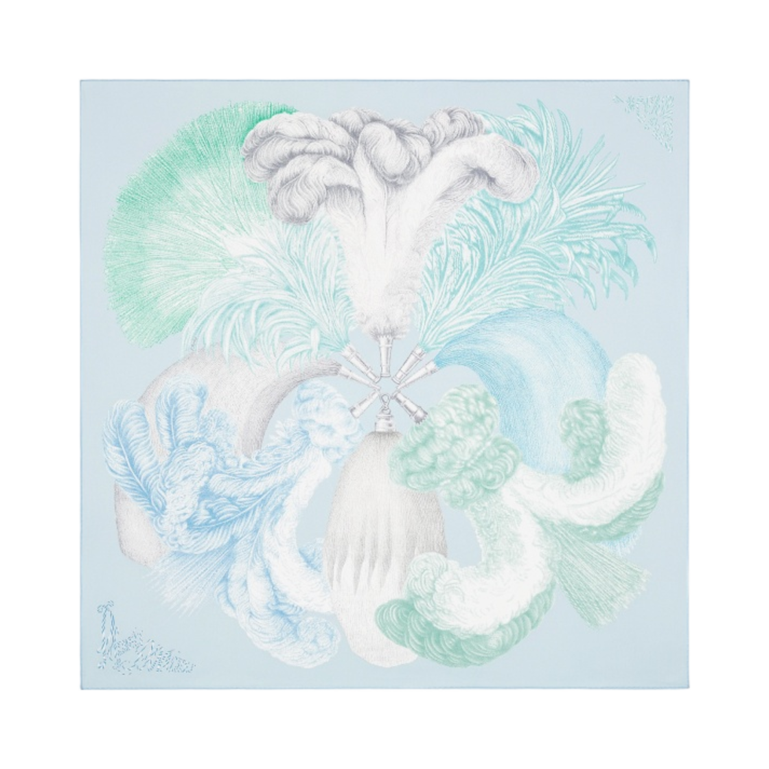(W) 에르메스 플뤼메 에 파나슈 스카프 90 블루 글라시에 베르 그리((W) Hermes Plumets Et Panaches Scarf 90 Bleu Glacier Vert Gris) - 1