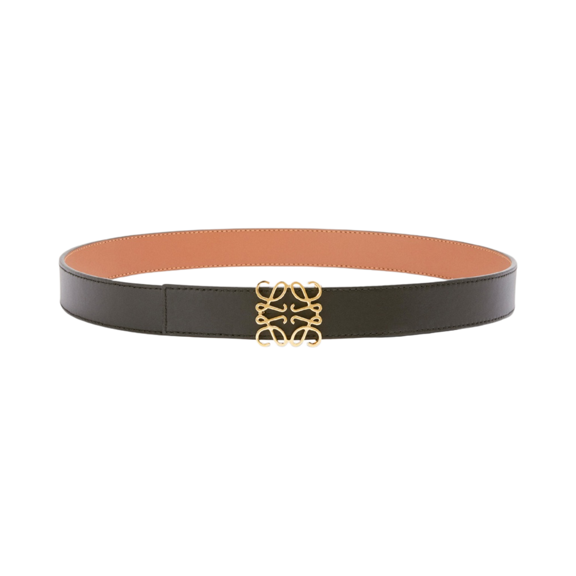 (W) 로에베 스무스 카프스킨 리버시블 아나그램 벨트 탄 블랙 골드((W) Loewe Reversible Anagram Belt in Smooth Calfskin Tan Black Gold) - 1