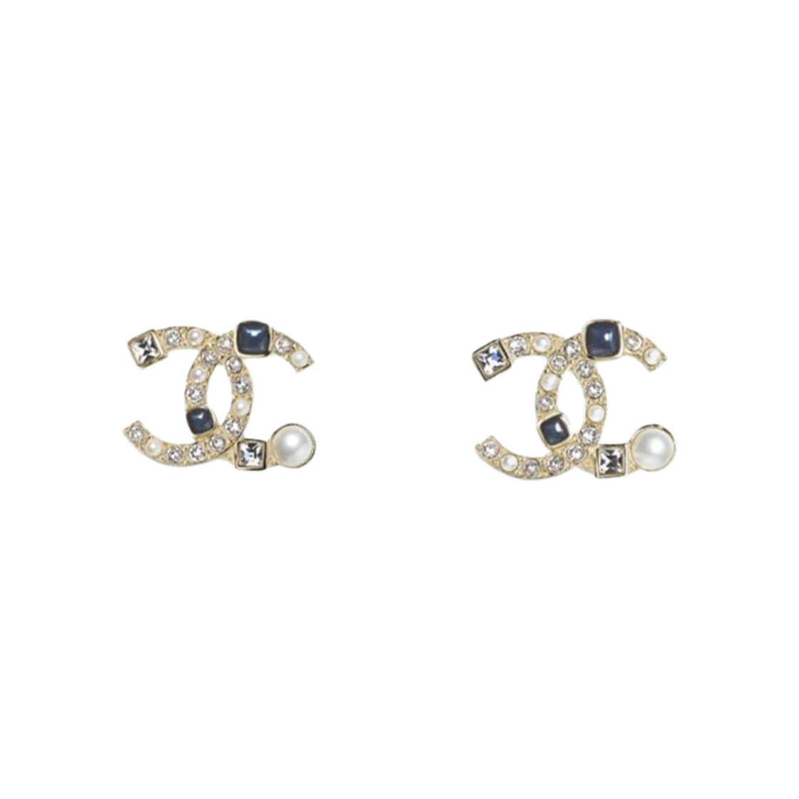 (W) 샤넬 이어링 메탈 글래스 펄 스트라스 & 골드 펄리 화이트 크리스탈 블랙((W) Chanel Earrings Metal Glass Pearls Strass & Gold Pearly White Crystal Black) - 1