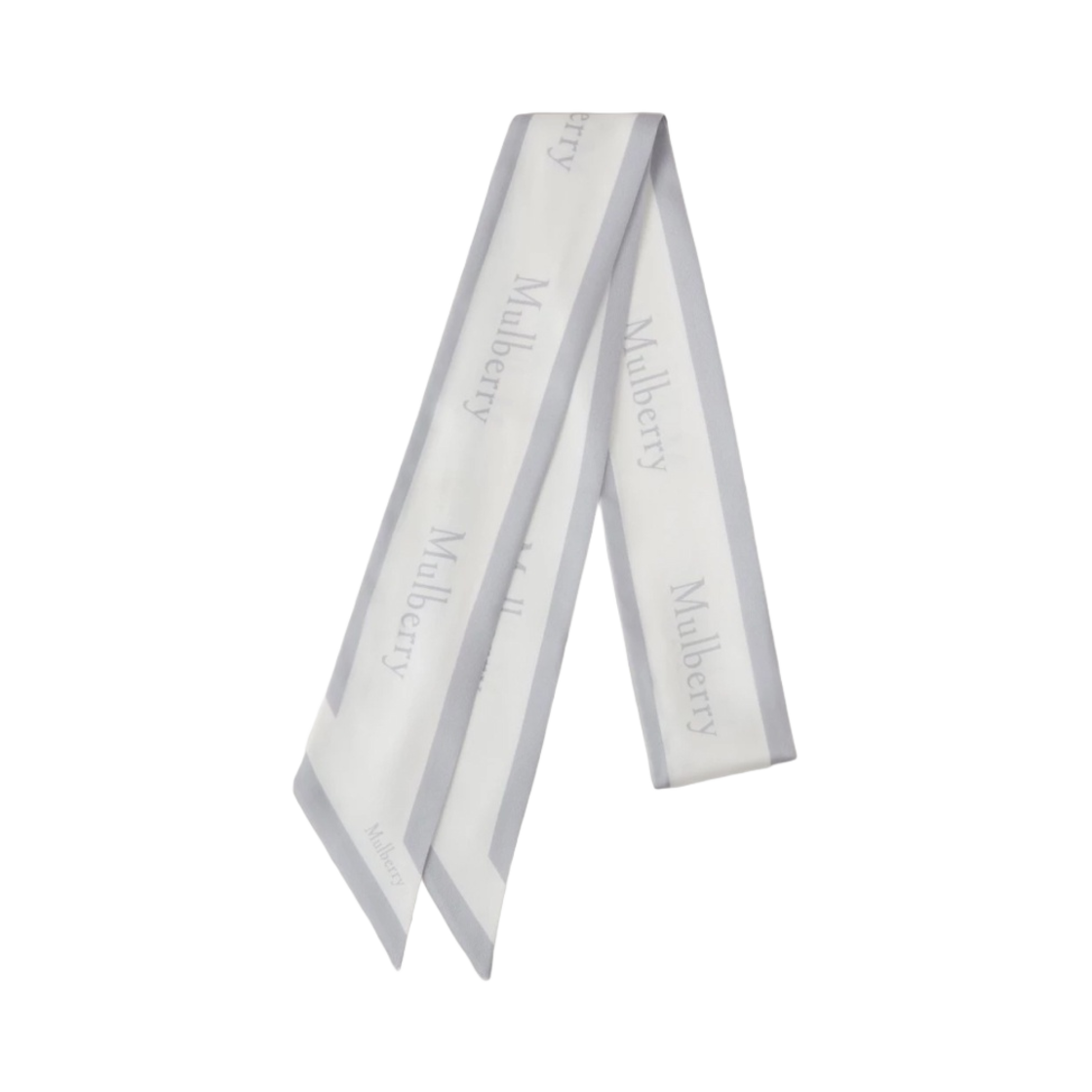 (W) 멀버리 리사이클드 폴리에스터 로고 보더 스키니 스카프 페일 그레이 화이트((W) Mulberry Recycled Polyester Logo Border Skinny Scarf Pale Grey White)
