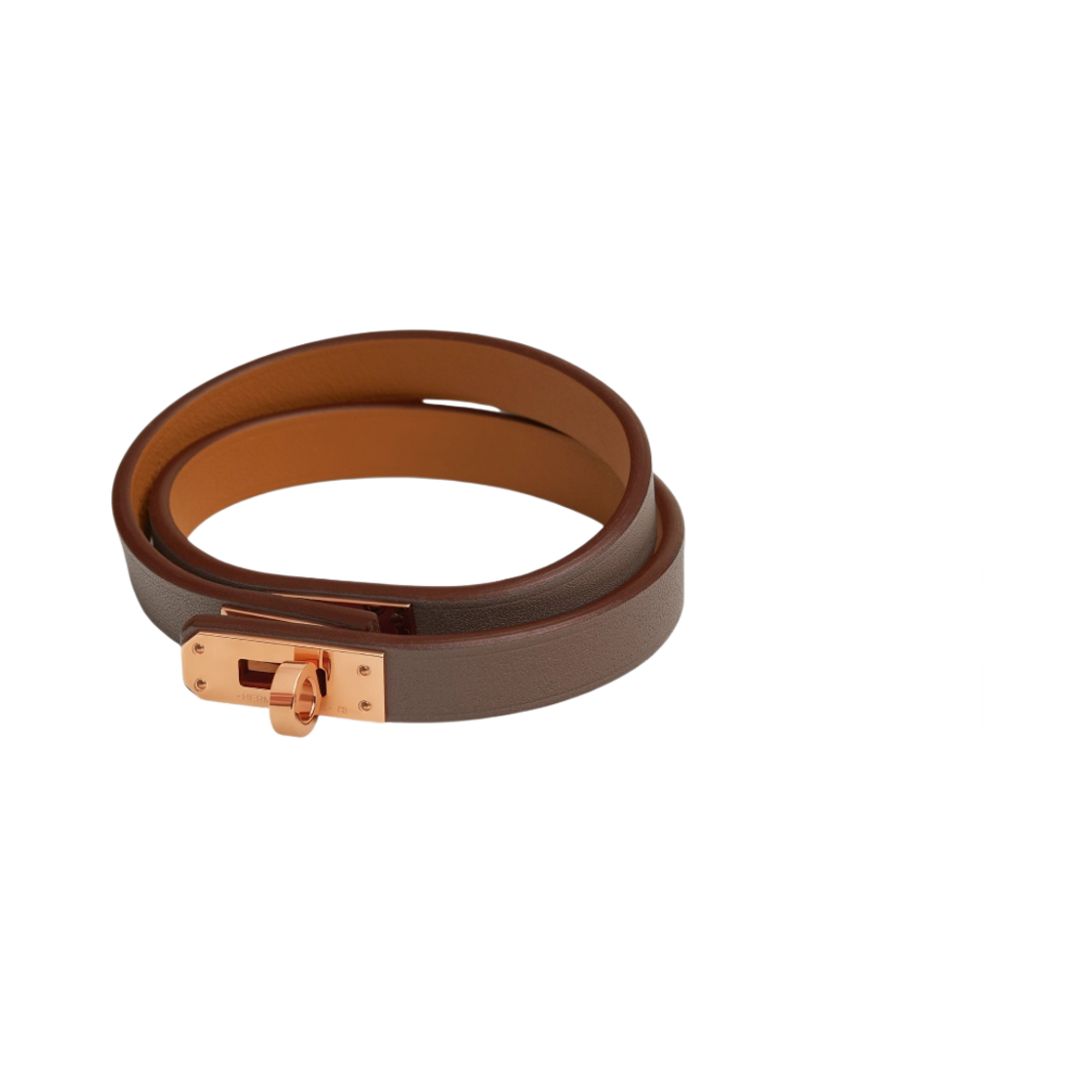 (W) 에르메스 미니 켈리 더블 투어 브레이슬릿 스위프트 로즈 골드 하드웨어 & 에뚜쁘((W) Hermes Mini Kelly Double Tour Bracelet Swift Rose Gold & Etoupe) - 1