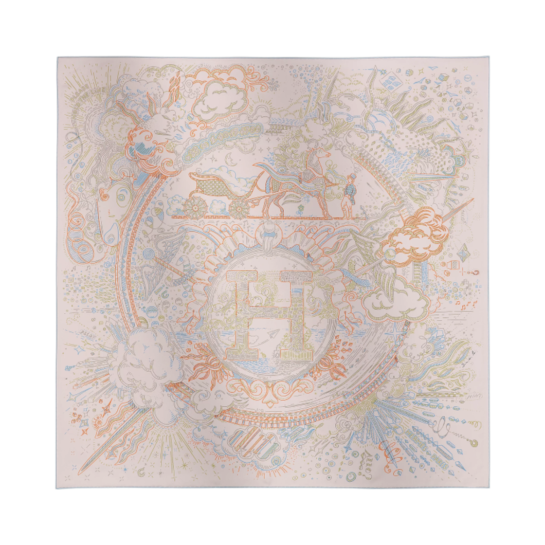 (W) 에르메스 플리즈 홀드 더 라인 스카프 90 로즈 빨 블루 씨엘 오랑쥬((W) Hermes Please Hold The Line Scarf 90 Rose Pale Bleu Ciel Orange)
