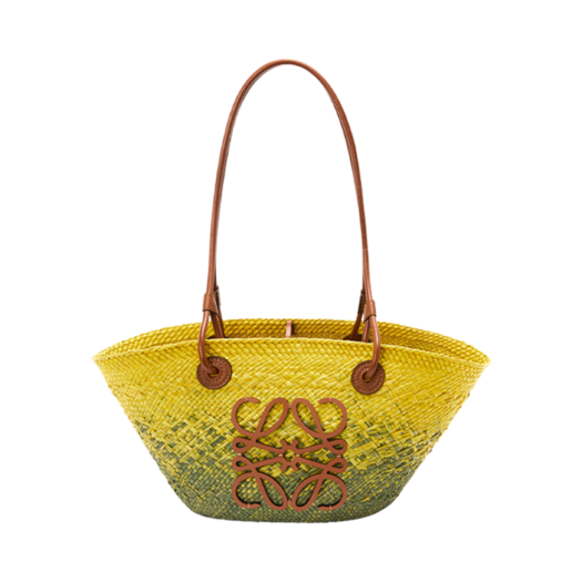 Loewe Small Anagram Basket Bag In Iraca Palm and Calfskin Khaki Green Yellow