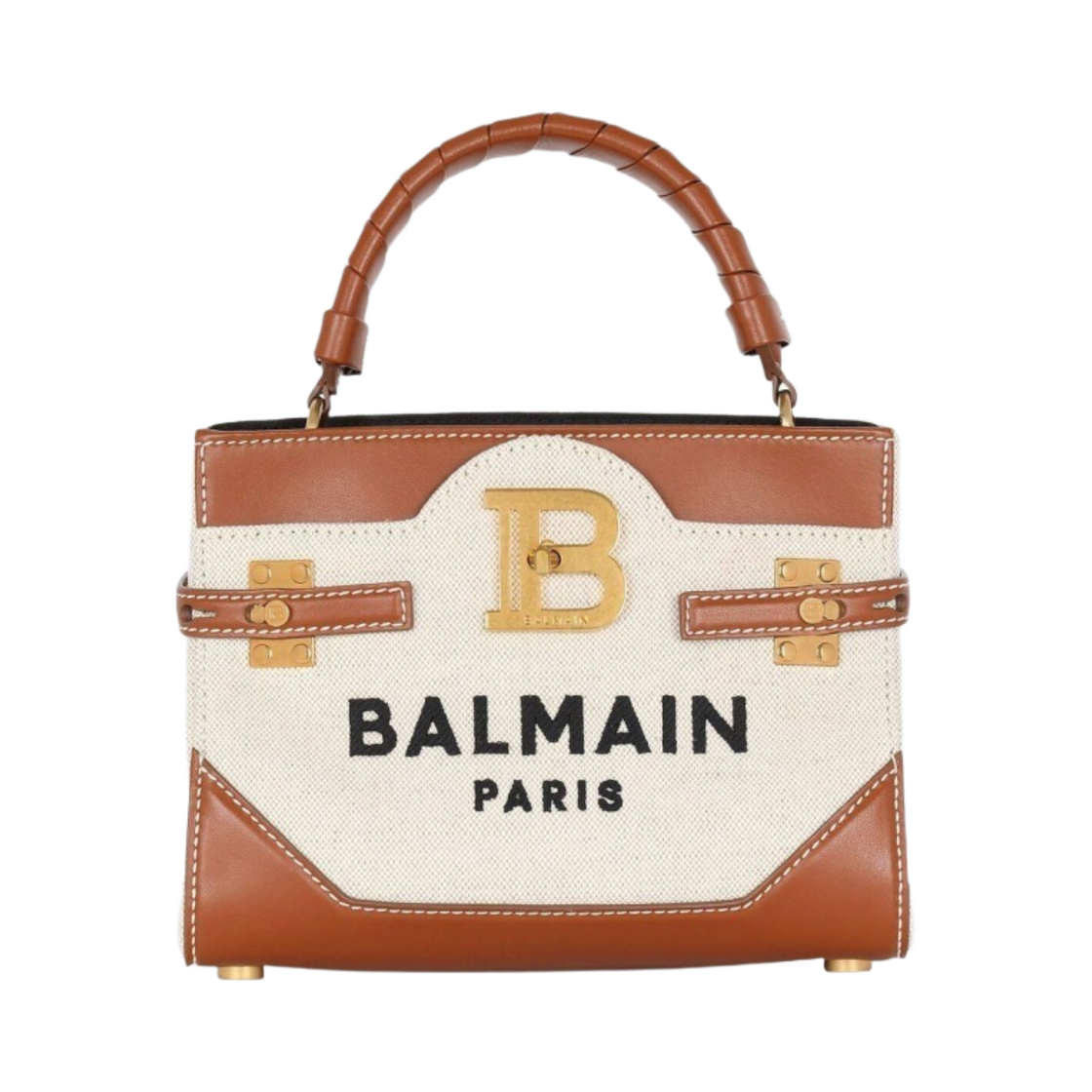 발망 레더 인서트 B-버즈 22 캔버스 탑 핸들백 브라운(Balmain B-Buzz 22 Canvas Top Handle Bag with Leather Insert Brown)