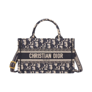 Mini Dior Book Tote with Strap Blue Beige Oblique Embroidery