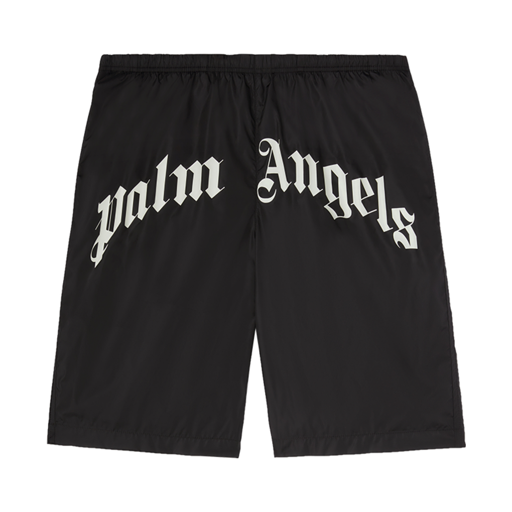 P8CMMA199 Palm Angels Curved Logo Swimshorts Black - Off White