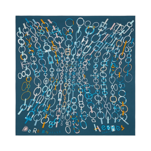 (W) Hermes Do Re Boucles Scarf 90 Bleu Ardoise Ciel Caramel
