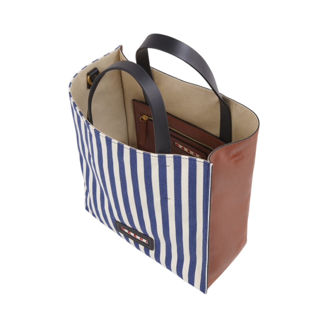 마르니 블루 스트라이프 캔버스 뮤제오 소프트 스몰백 오션 어스 오브 시에나 블랙(Marni Moseo Soft Small Bag in Blue Stripe Canvas Ocean Earth of Siena Black) - 2