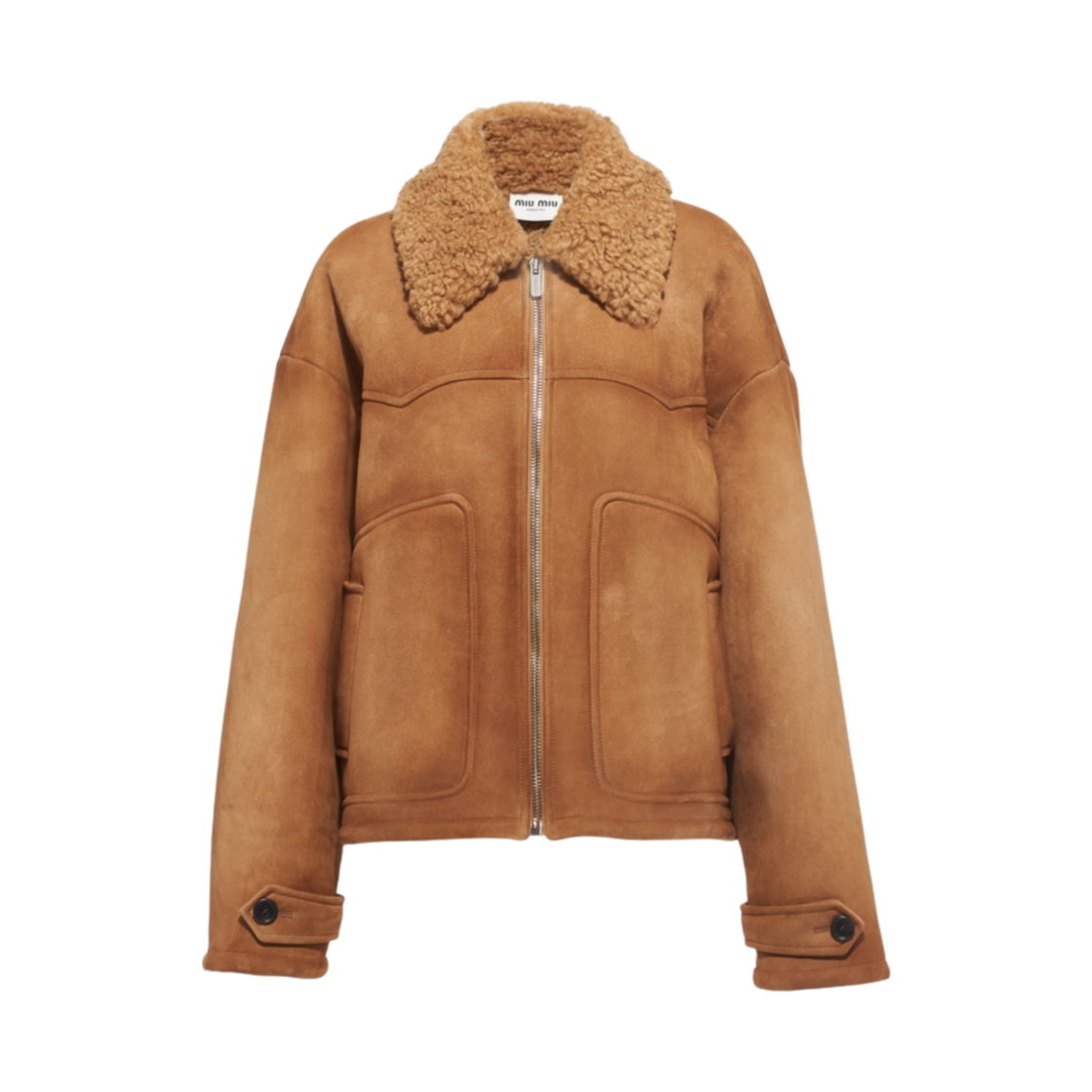 (W) 미우 미우 오버사이즈 스웨이드 셔링 자켓 코르크 베이지((W) Miu Miu Oversized Suede Shearling Jacket Cork Beige) - 1