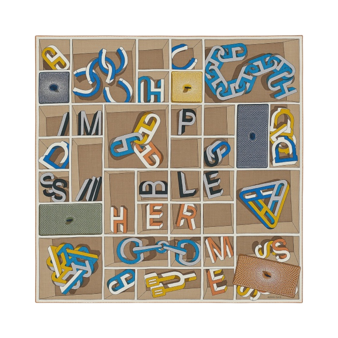 에르메스 임파서블 스카프 100 토프 블랑 무타드(Hermes Impoossiiible Scarf 100 Taupe Blanc Moutarde) - 1