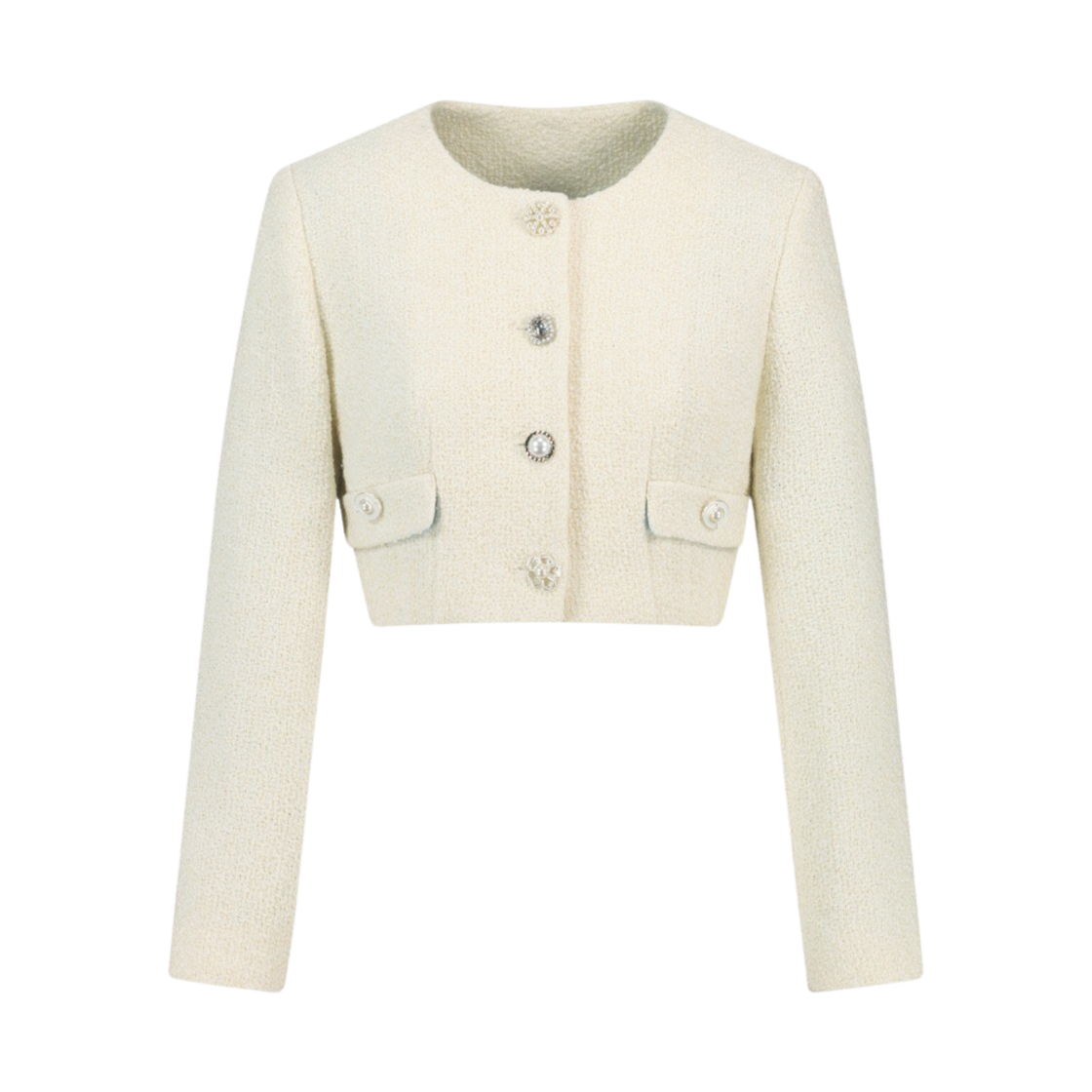 그린 버터 우먼 실버 멀티 버튼 트위드 크롭 자켓 아이보리(Green Butter Women Silver Multi Button Tweed Crop Jacket Ivory)