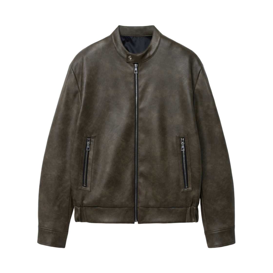 티엔지티 세미오버핏 인조가죽 바이크 점퍼 카키그레이