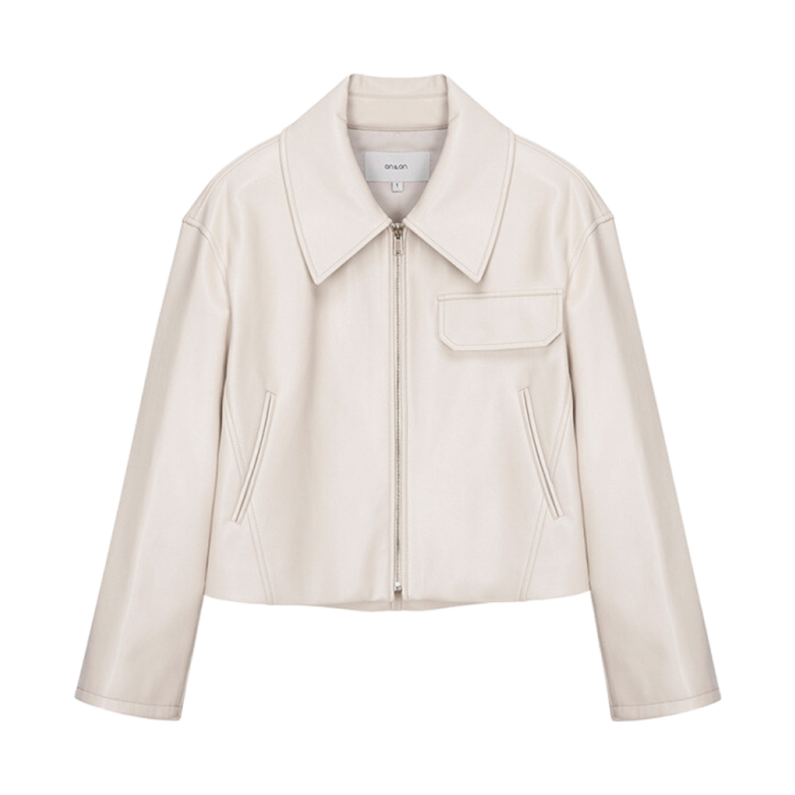 (W) 온앤온 비건 레더 크롭 점퍼 에크루 베이지((W) On&On Vegan Leather Cropped Jumper Ecru Beige)