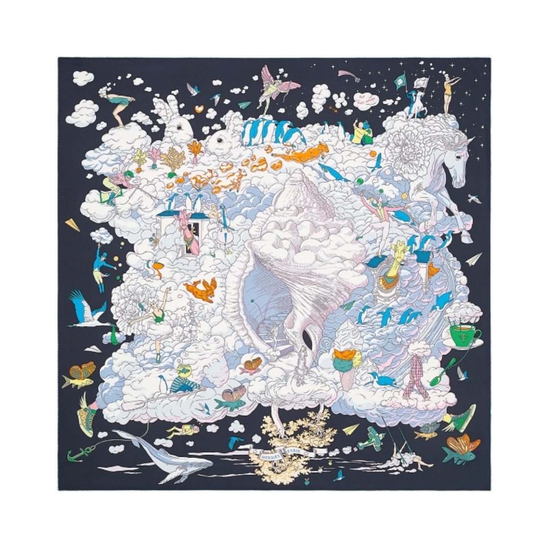 H003900S01 (W) Hermes Carres Sur Mon Nuage Scarf 90 Bleu Noir Mauve Multicolore - 대표 이미지 #1