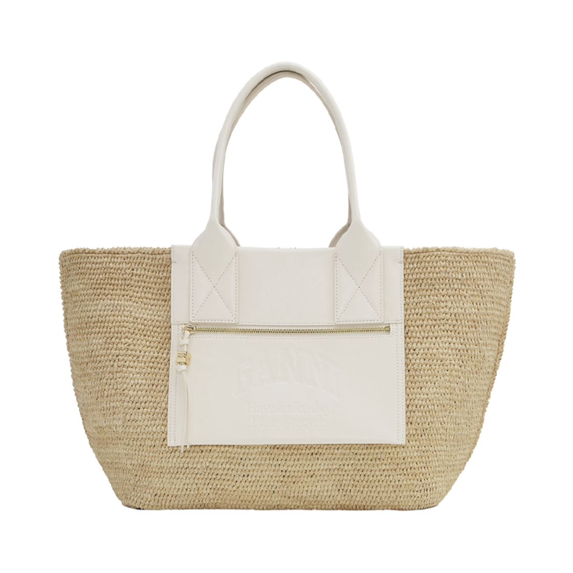 A6824-135 Ganni Medium Raffia Tote Egret