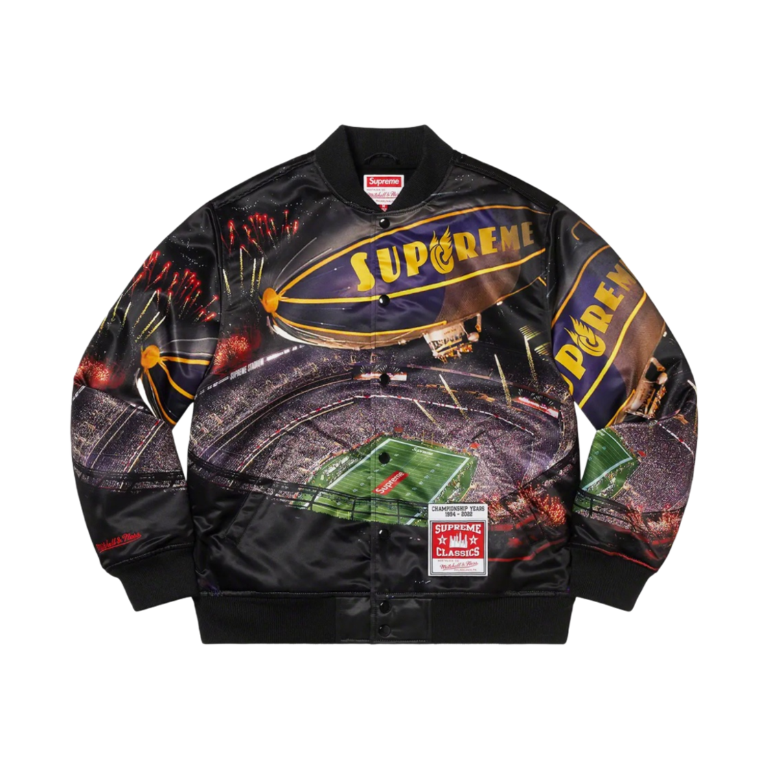 슈프림 미첼 & 네스 스타디움 사틴 바시티 자켓 블랙 - 22SS(Supreme Mitchell & Ness Stadium Satin Varsity Jacket Black - 22SS)
