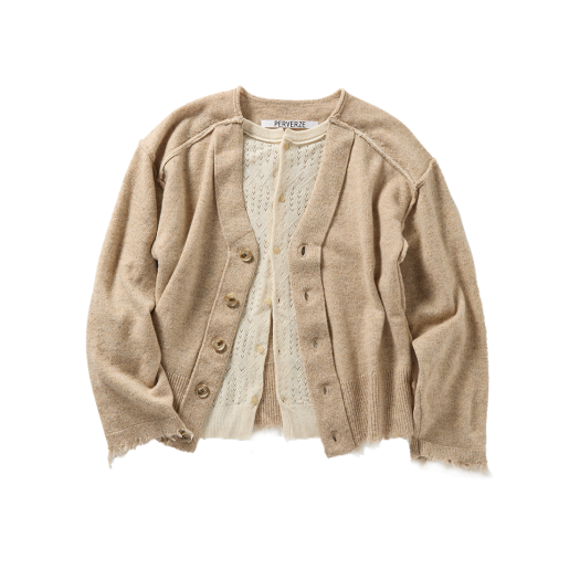 KW5DKNCPZ11BG Perverze Women Lambs Wool Layered Knit Cardigan Beige - 25FW